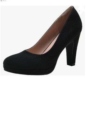 miss left Black Suede Low Platform Chunky High Heel Slip On Round Toe Pump